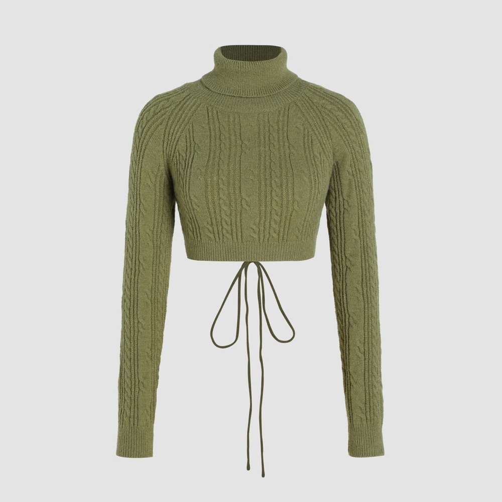 Turtleneck Cable Knit Backless Crop Sweater